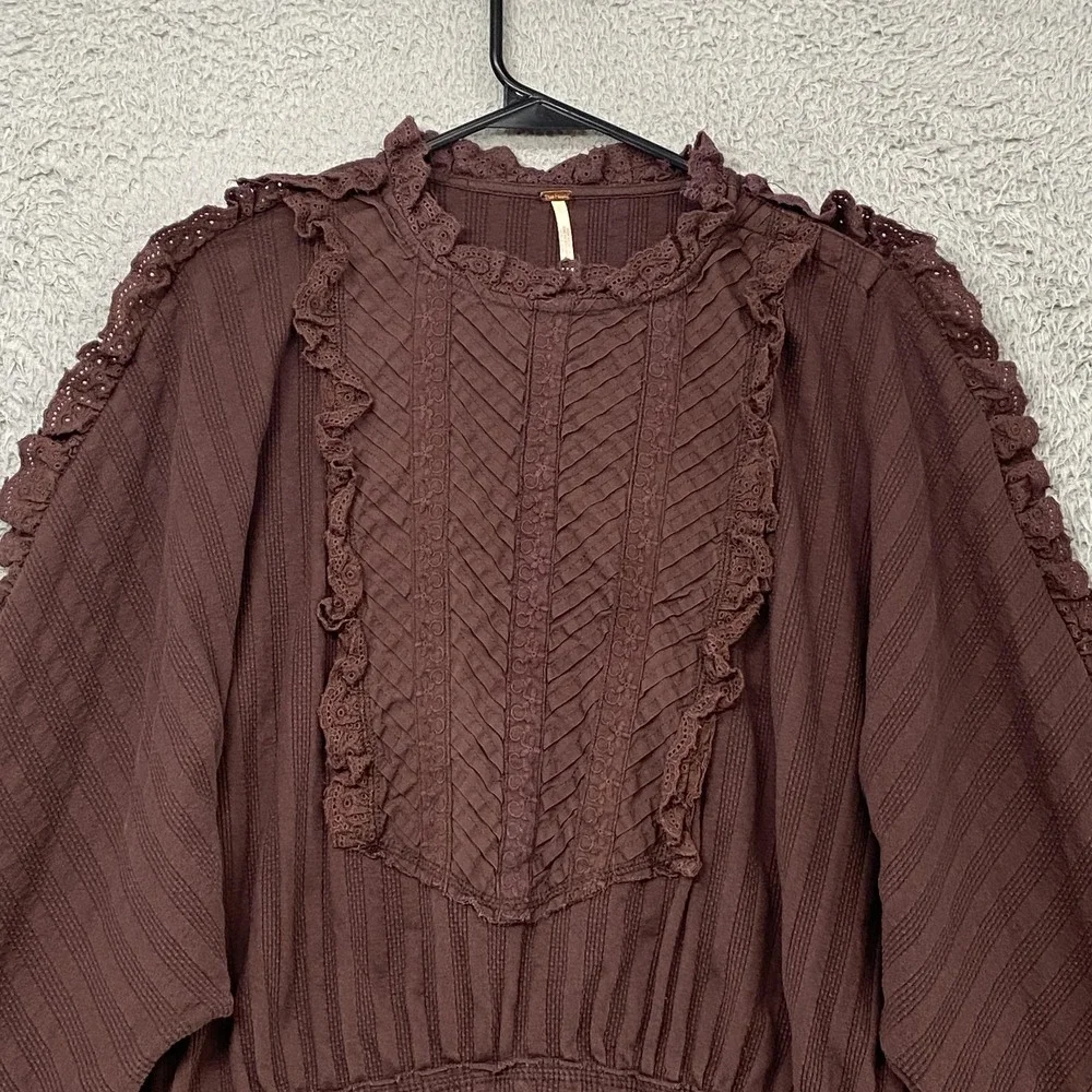 Free People More‎ Romance Top Womens XS Cropped Ruffle Lace Boho Brown Victorian